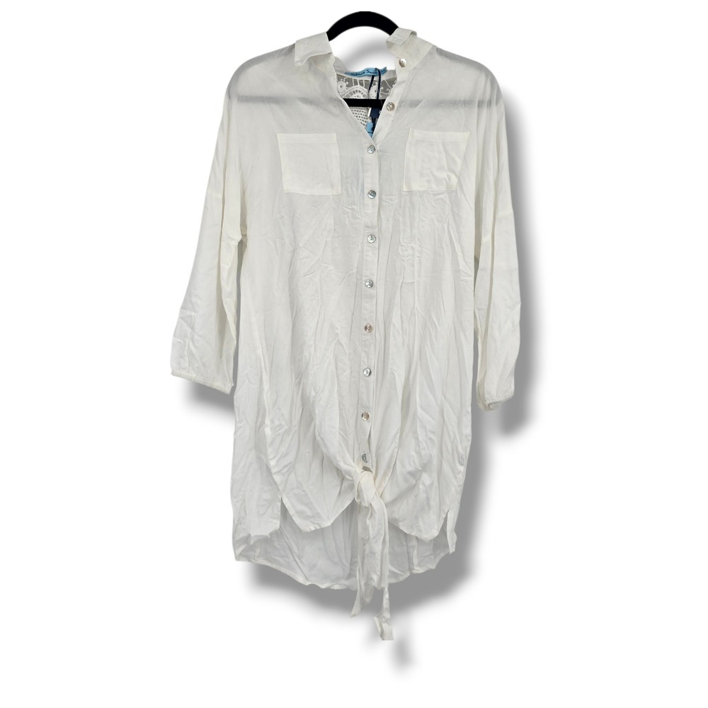 Solitaire Swim Womens White Crochet Lace Back Tie Front Button Down Cover Up‎ S